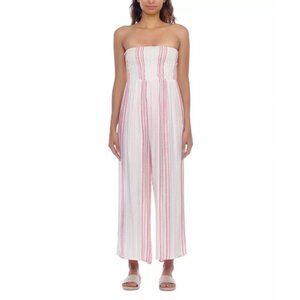Raviya Womens Sz Medium Smocked-Top Jumpsuit Swimsuit Cover-Up in Pink White $58